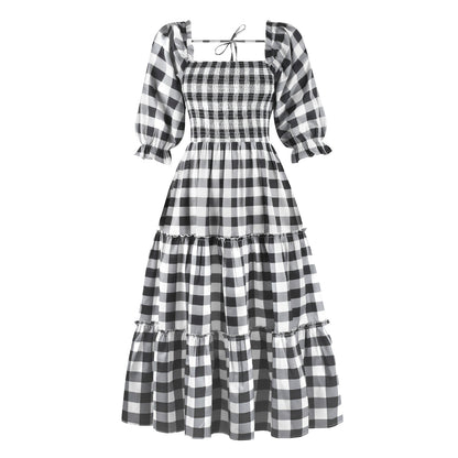 Fashion Square Neck Halter Strap Print Dress Pleated Lantern Mid-Sleeve Wholesale Dresses