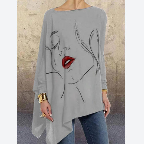 Fashion Face Print Tops Solid Color Loose Wholesale Womens Long Sleeve T Shirts