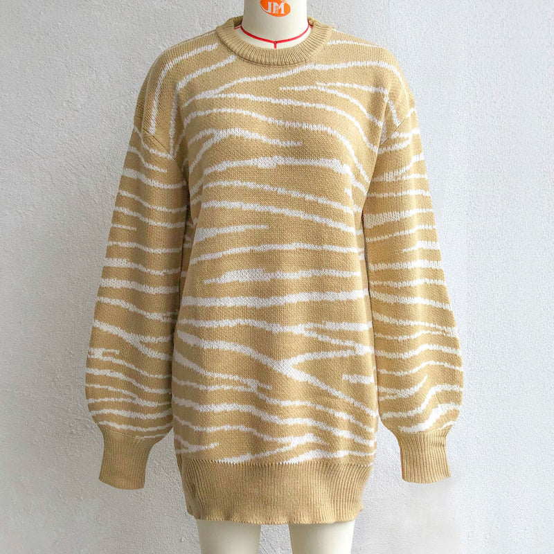 New Autumn And Winter Zebra Pattern Lantern Sleeve Knitted Dress