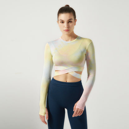 Long Sleeve Tie Dye Slim O-neck Asymmetrical Activewear Crop Top