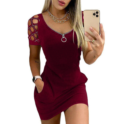 Short Sleeve Hollow Out Zipper Wholesale Bodycon Dresses With Pockets For Women