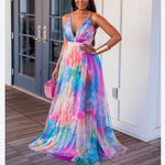 Mulitcolor Printed Sling Party Dress Sexy Deep V Wholesale Maxi Dresses Trendy Vacation Wear