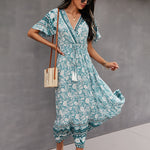 V Neck Floral Print Fringe Tie-Up Short Sleeve Resort Dress Wholesale Womens Boho Dresses