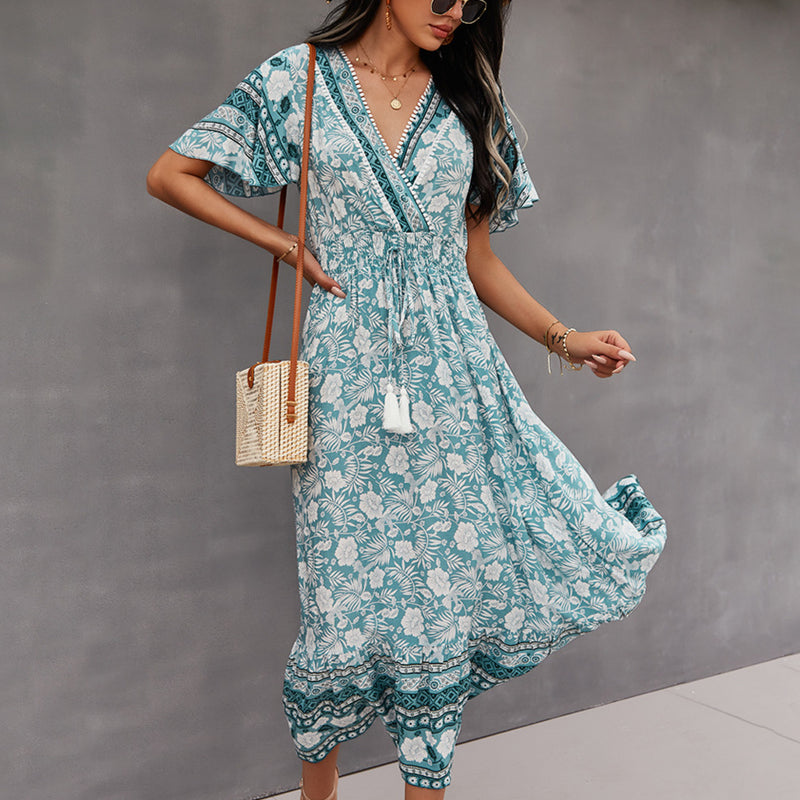 V Neck Floral Print Fringe Tie-Up Short Sleeve Resort Dress Wholesale Womens Boho Dresses