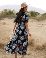 Sexy Deep V Floral Swing Dress Drawstring Short Sleeve High Slit Slim Vacation Wholesale Dresses