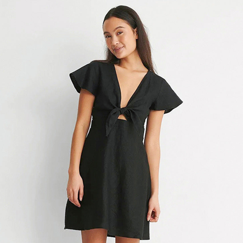 Short Sleeve Bowknot Hollow V-Neck Cotton Linen A-Line Dress Wholesale Dresses