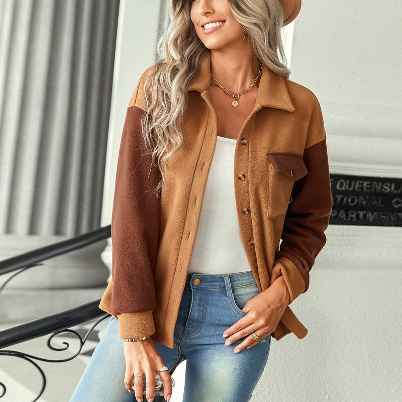 Fashion Lapel Plush Single-Breasted Color Blocking Long Sleeve Jacket Wholesale Coats