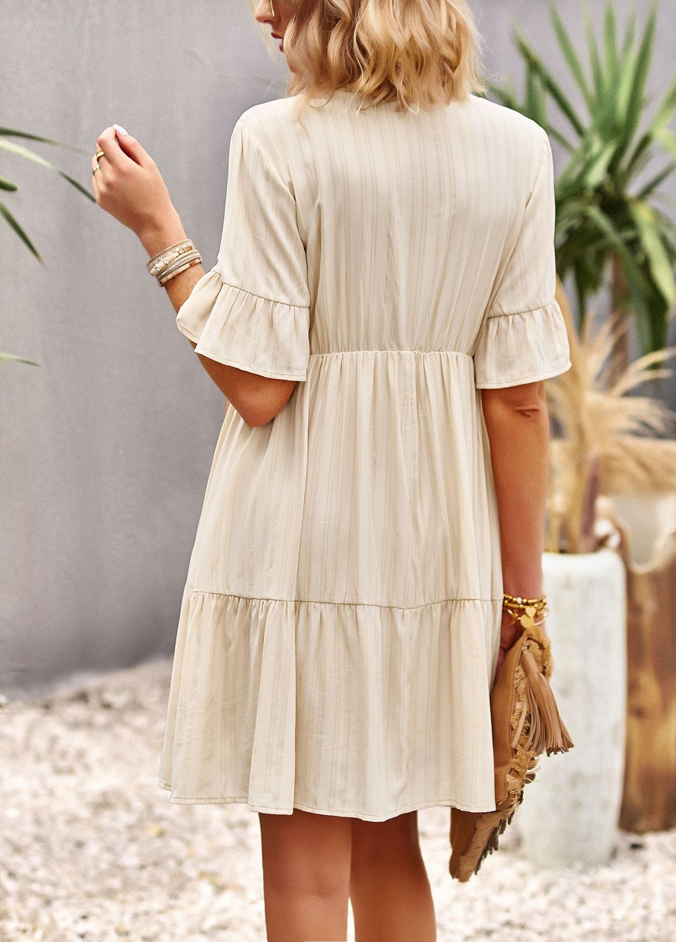 Short Sleeve Casual Solid Color Swing Ruffled Dress Wholesale Dresses