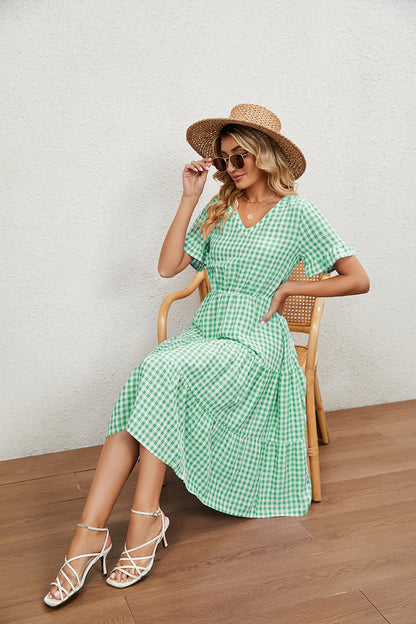 Pleated Tie Short Sleeve Square Neck Plaid Dress Wholesale Dresses