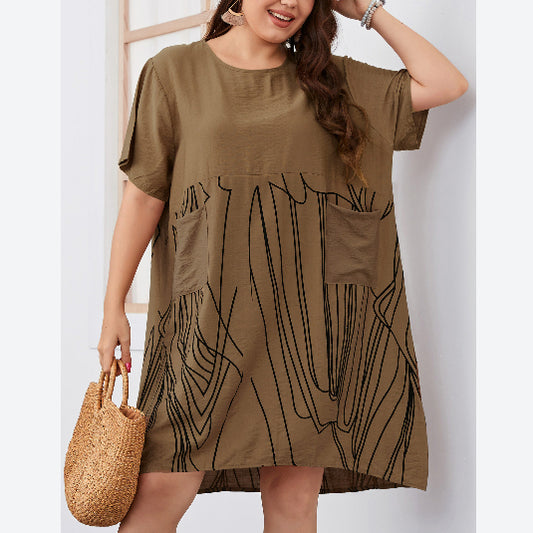 Short Sleeve Round Neck Striped Print Wholesale Plus Size Dresses for Summer