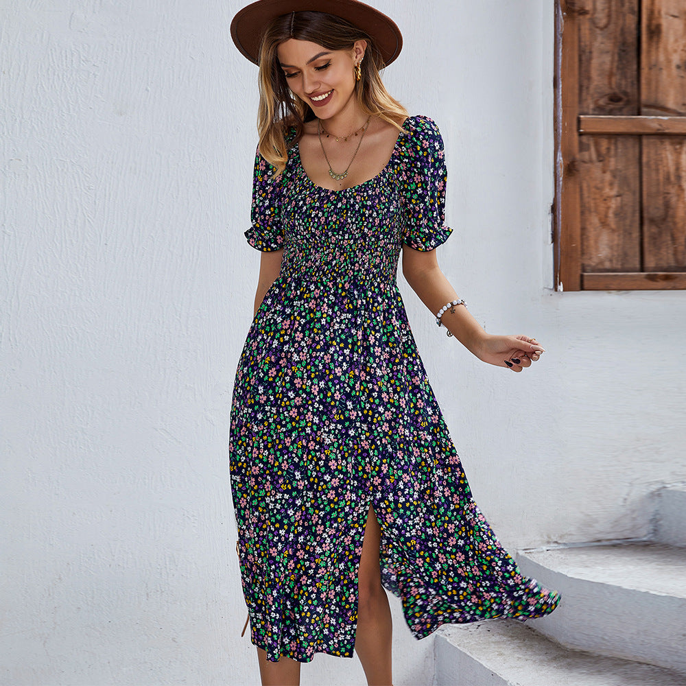 Bohemian Slit Short Sleeve Swing Wholesale Summer Dresses