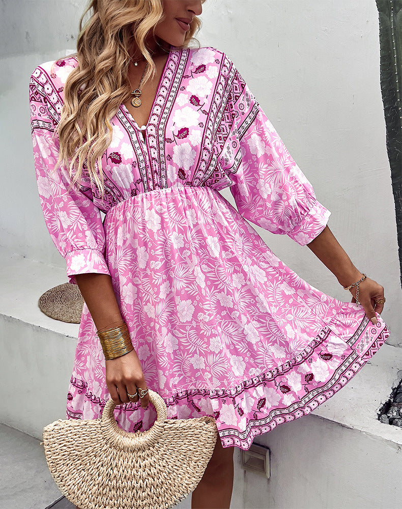 Fashion Print V Neck Swing Dress Casual Loose Backless Lace-Up Short Sleeve Wholesale Dresses