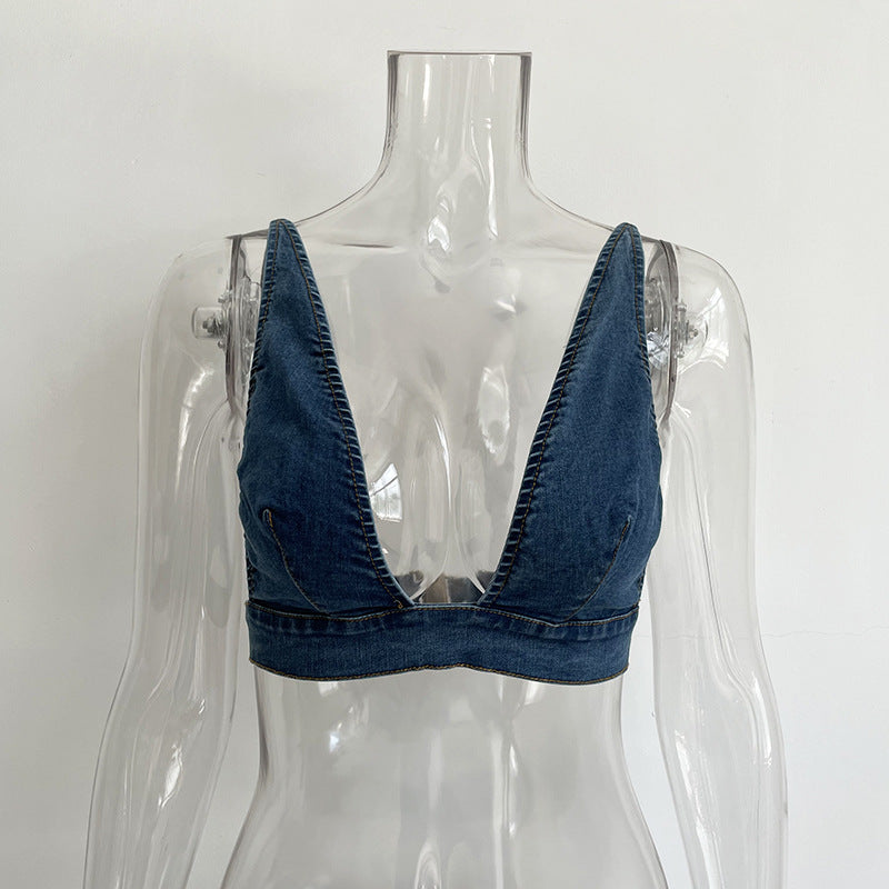 Denim Button Down Spaghetti Strap Low Cut Crop Top