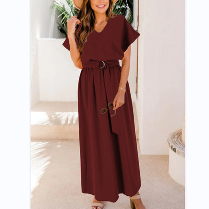 Short Sleeve Lace-Up Casual Swing Dress Wholesale Maxi Dresses