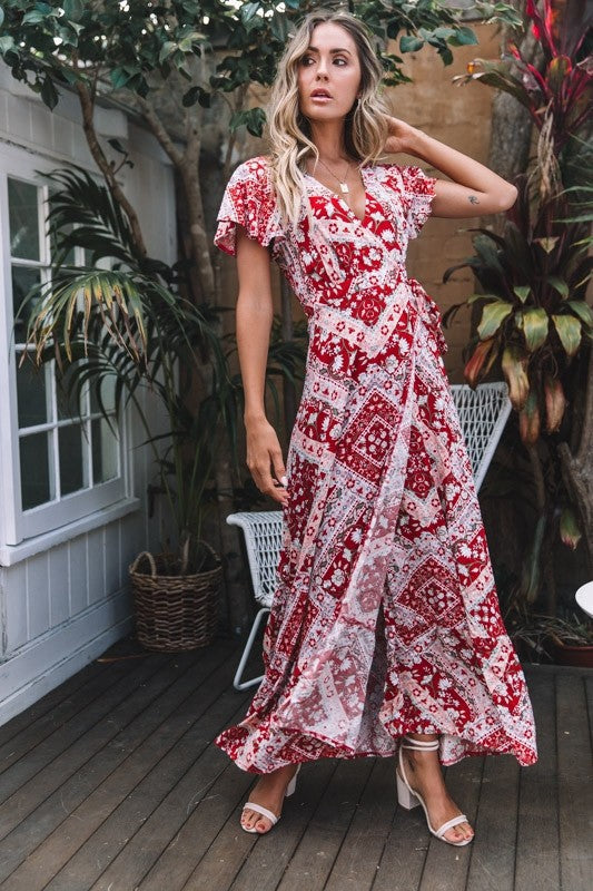 V Neck Short Sleeve Lace Up Boho Print Slit Wide Swing Maxi Dresses Casual Wholesale Bohemian Dress For Women SD531166