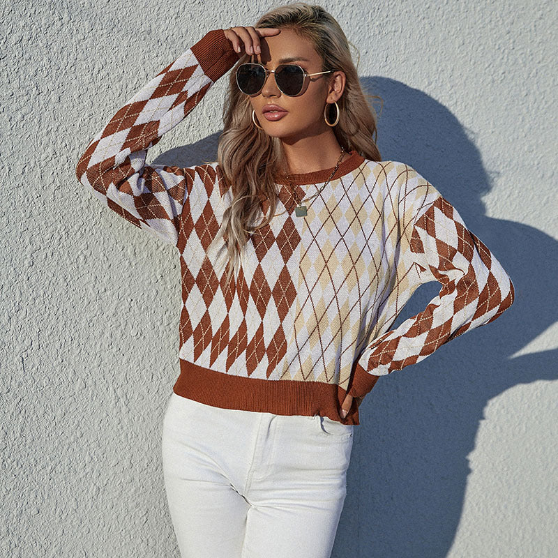 Round Neck Long Sleeve Rhombus Sweater Wholesale Womens Tops
