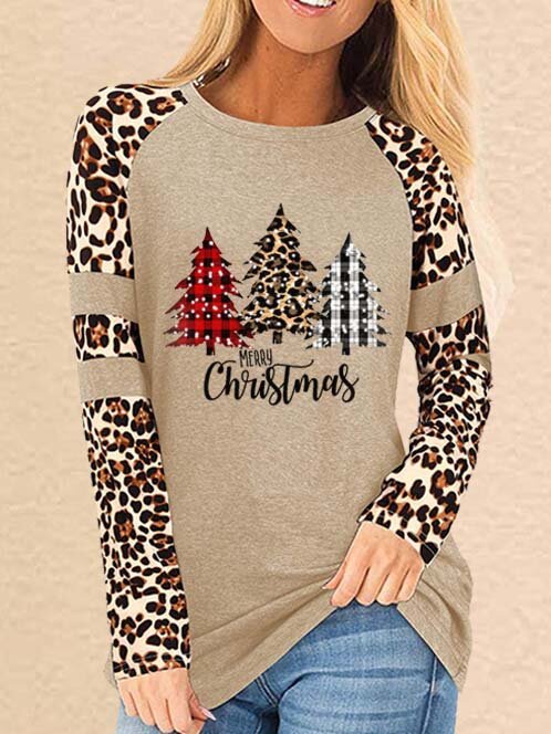 Christmas Trees Leopard Patchwork Long Sleeve Long Blouses