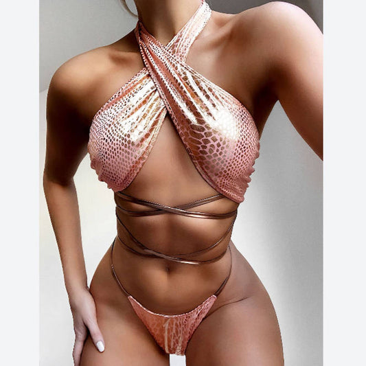 Lace-Up Snakeskin Print Bikini 2pcs Sets Split Swimsuits Wholesale Womens Swimwear