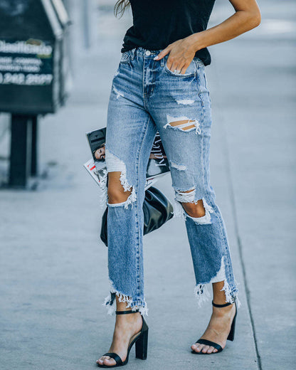 Street Style Trendy Straight-Leg Ripped Denim Trousers Wholesale Jeans