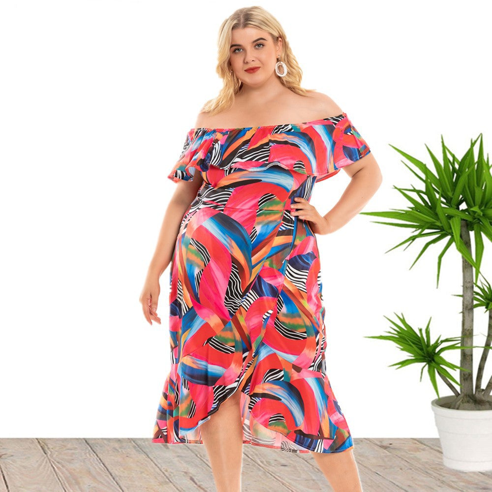 Summer Off Shoulder Short Sleeve Ruffle Printed Curve Dresses Vacation Wholesale Plus Size Clothing