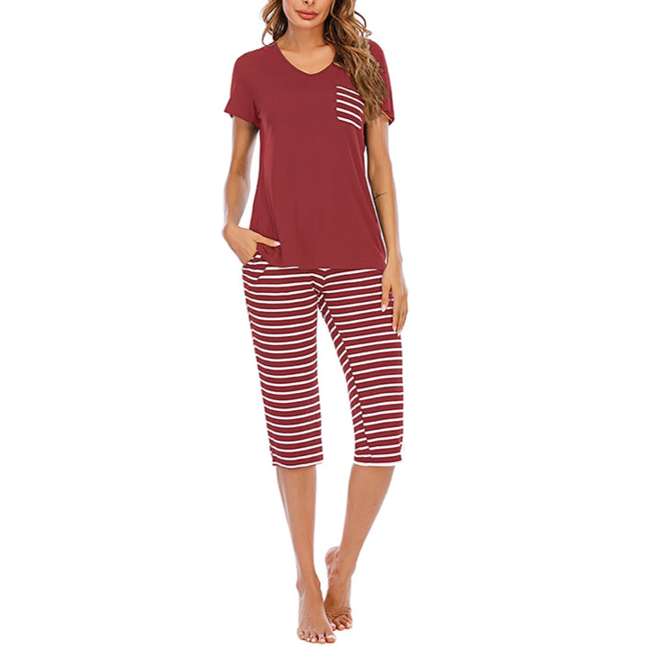 Striped T Shirts & Cropped Pants Pajamas Wholesale Loungewear Sets
