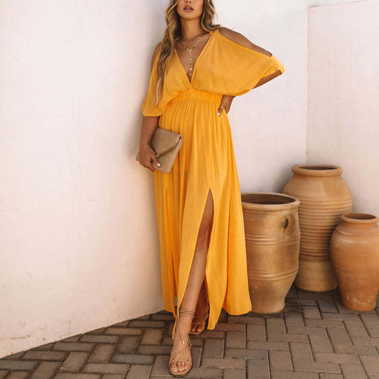 V-Neck High Waist Solid Color Slit Dress Wholesale Maxi Dresses