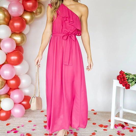 Sloping Shoulder Waist Solid Color Sexy Dress Wholesale Maxi Dresses