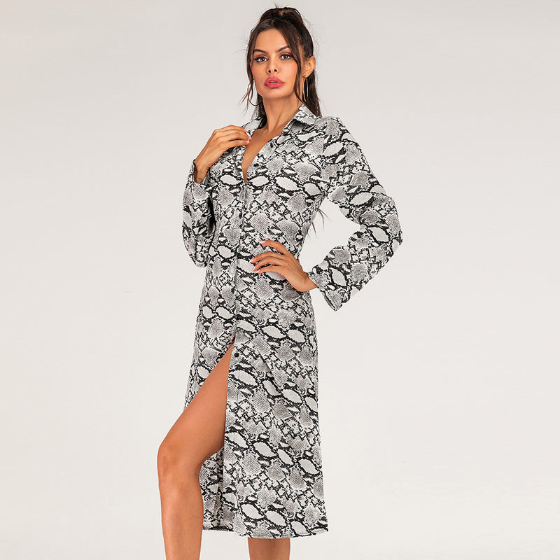 Lapel-Collar Snakeskin-Print Fitted Long-Sleeve Shirt Dress Wholesale Dresses