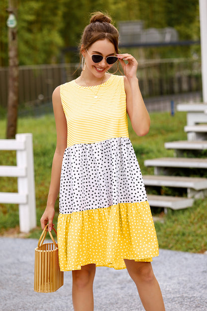 Polka Dot Striped Colorblock Print Crew Neck Fashion Sleeveless Loose Tank Smocked Dress Wholesale Casual Dresses