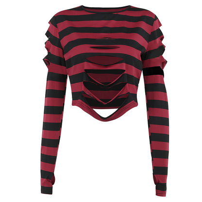 Dark Wind Street Personality Striped Long-Sleeved T-Shirt Crop Tops Wholesale Women'S Tops