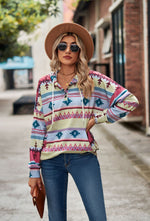 Geometric Print Long Sleeve Hoodie Pocket Hooded Sweatshirt Wholesale Womens Tops