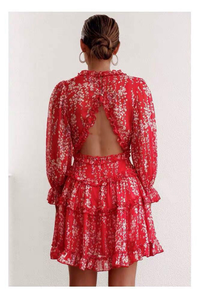 Floral Print Long Sleeve Wholesale Dresses Backless Puff Sleeves Vacation Dress