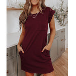 Fashion Casual Round Neck Dress Loose Short Sleeve Solid Color Wholesale Dresses With Pockets