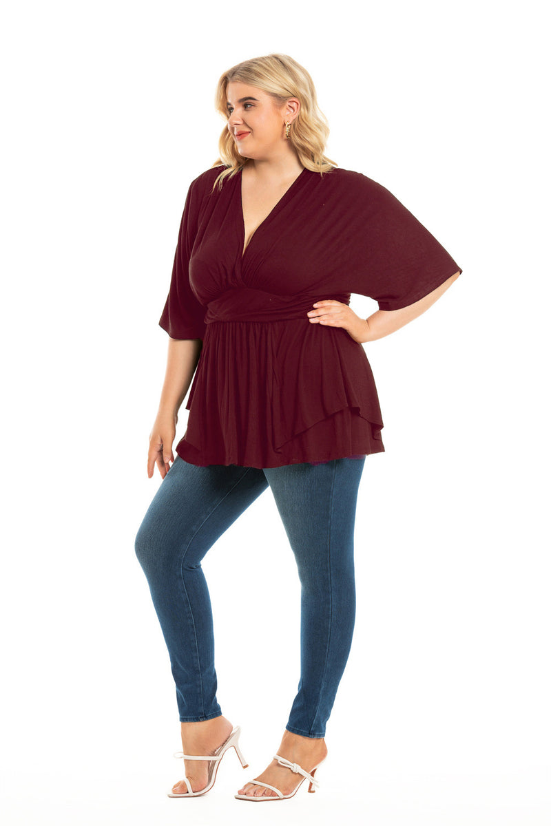 V-Neck Loose Solid Color Womens Curve Tunics Tops Casual Shirts Wholesale Plus Size Clothing