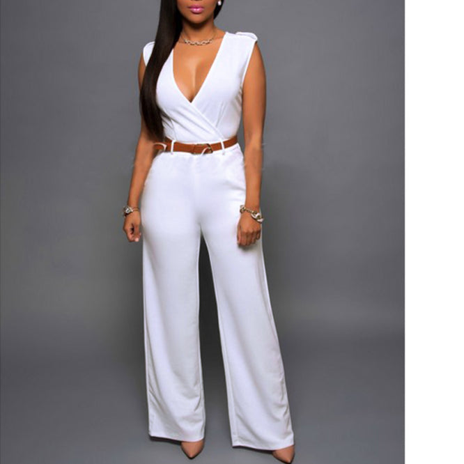 Surplice Collar Low Cut Sleeveless Rompers With Belt