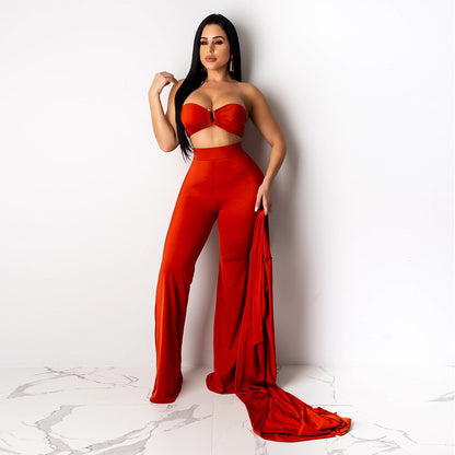 Xmas 3pcs Wholesale Solid Sets Long Cardigan Crop Top Wide Leg Pants