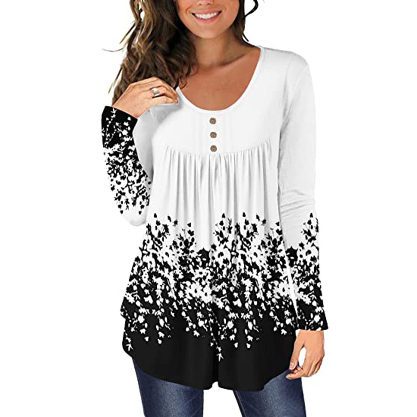 Round Neck Pleated Casual Wholesale Blouse Printed Ruffle Long Sleeve