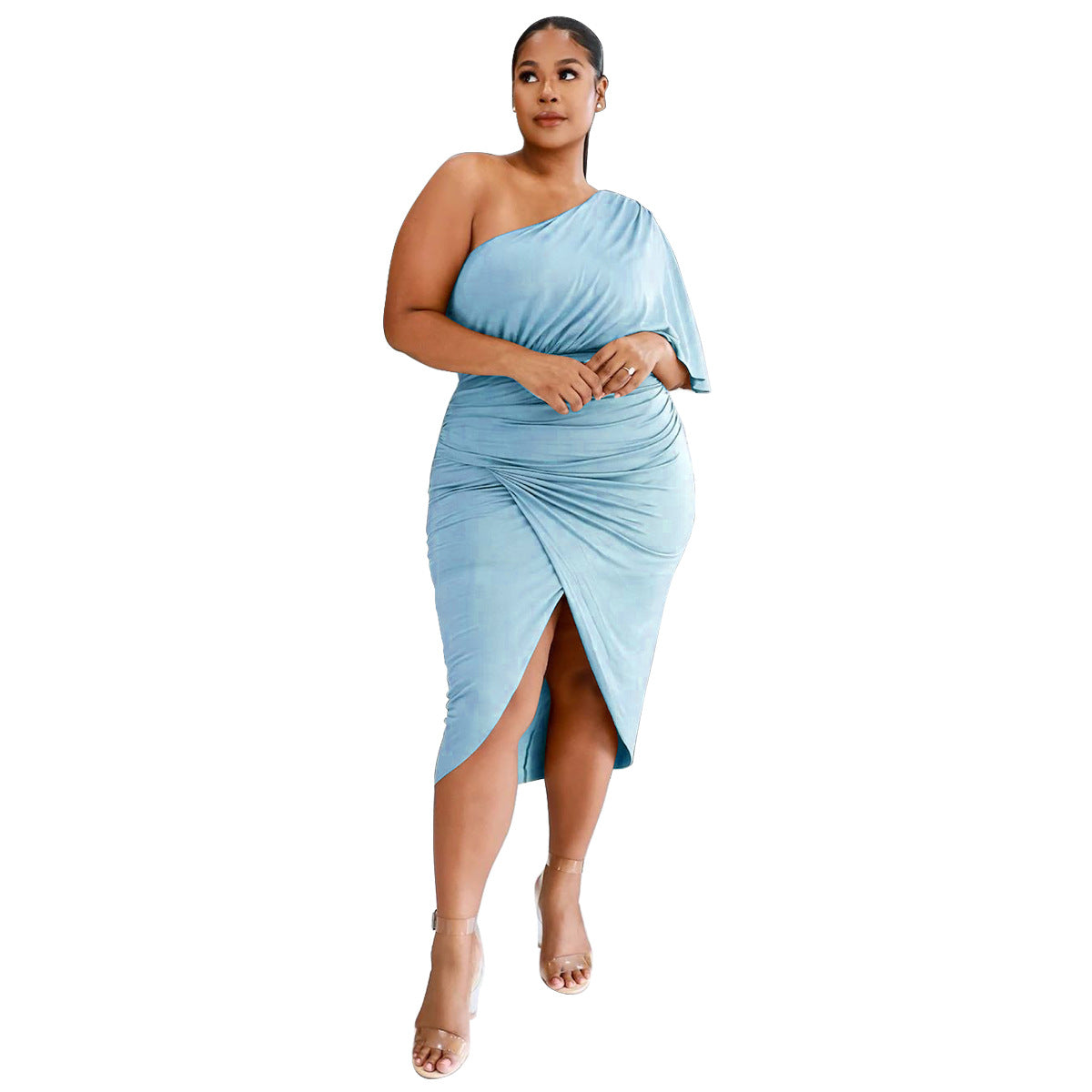 One Shoulder Solid Color Slim Sexy Women Curvy Wrap Dresses Wholesale Plus Size Clothing