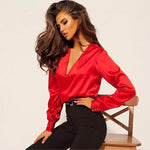 Satin Shirts Long Sleeve Deep V Neck Womens Tops Business Casual Wholesale Blouse