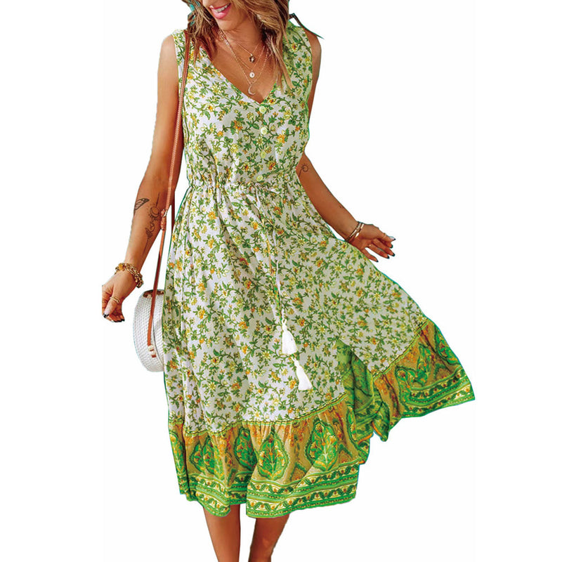 Sleeveless Floral Print V Neck Drawstring Wholesale Swing Dress for Summer