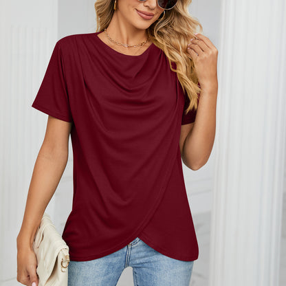 Solid Color Round Neck Cross Short-Sleeved T-Shirts Wholesale Womens Tops