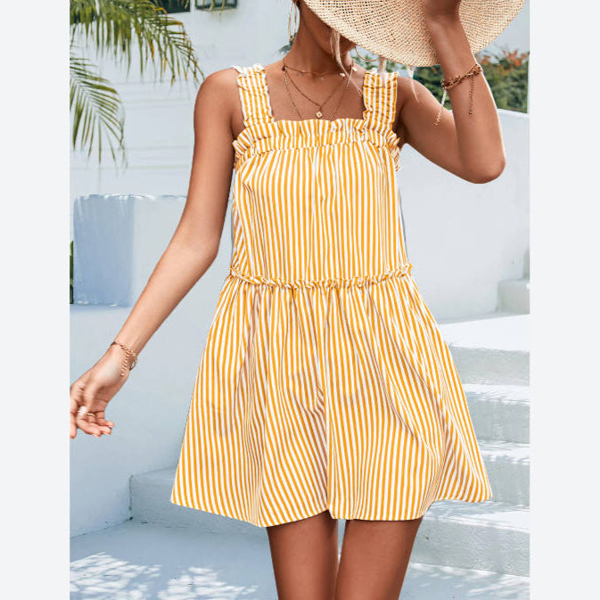 Striped Ruffle Drawstring Slip Dress Wholesale Dresses