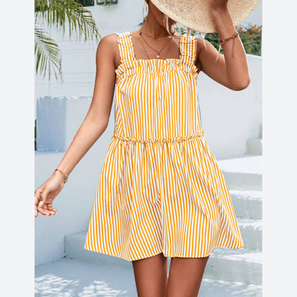 Striped Ruffle Drawstring Slip Dress Wholesale Dresses