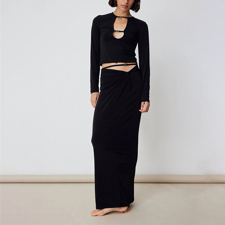 Long Sleeve Hollow T-Shirt Slim Fit Low Waist Hip Skirt Wholesale Women'S 2 Piece Sets