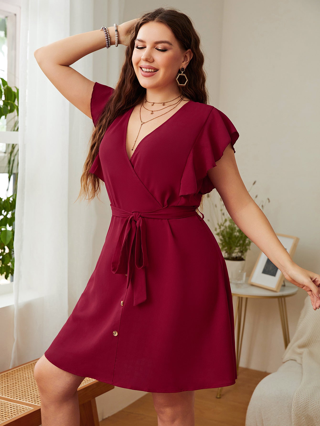 Trendy Tie-Up V Neck Ruffled Sleeve Women Curvy A-Line Dresses Wholesale Plus Size Clothing