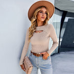 Solid Color Long Sleeve Knit Cutout Blouse Wholesale Womens Tops