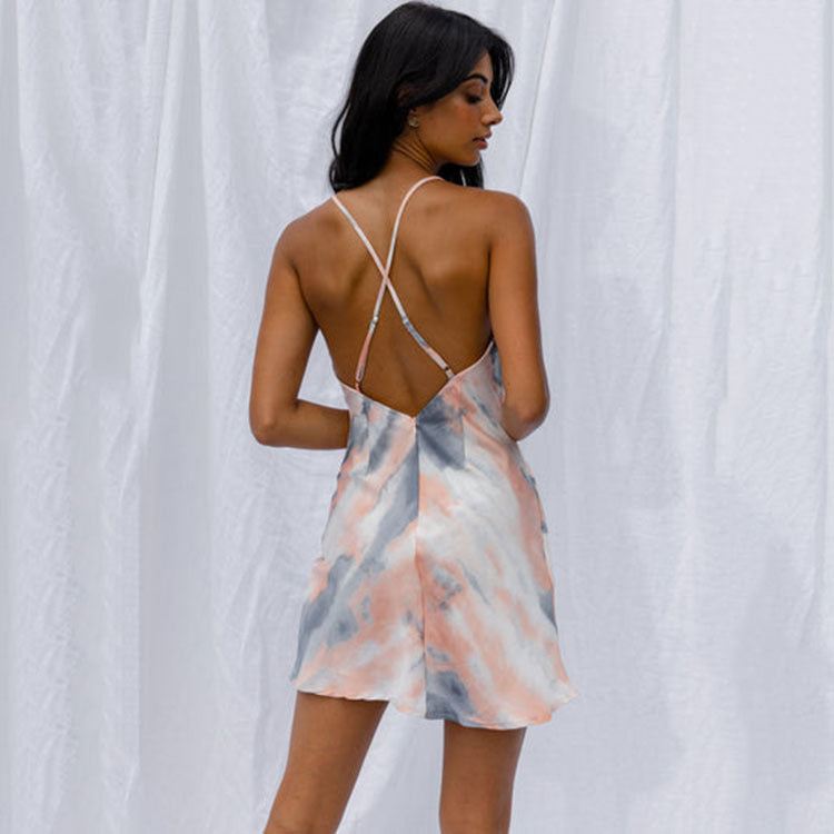 Tie-Dye Print Low Cut Open Back Irregular Sling Dress Sexy Womens Clothes Wholesale Dresses