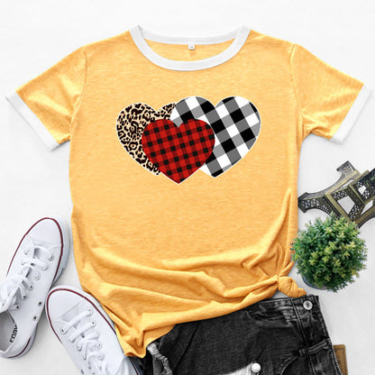 Checkered Heart Print Round Neck Short Sleeve Tops Casual Wholesale Women'S T Shirts