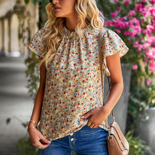 Floral Print Ruffled Short Sleeve Loose Wholesale Womens Tops