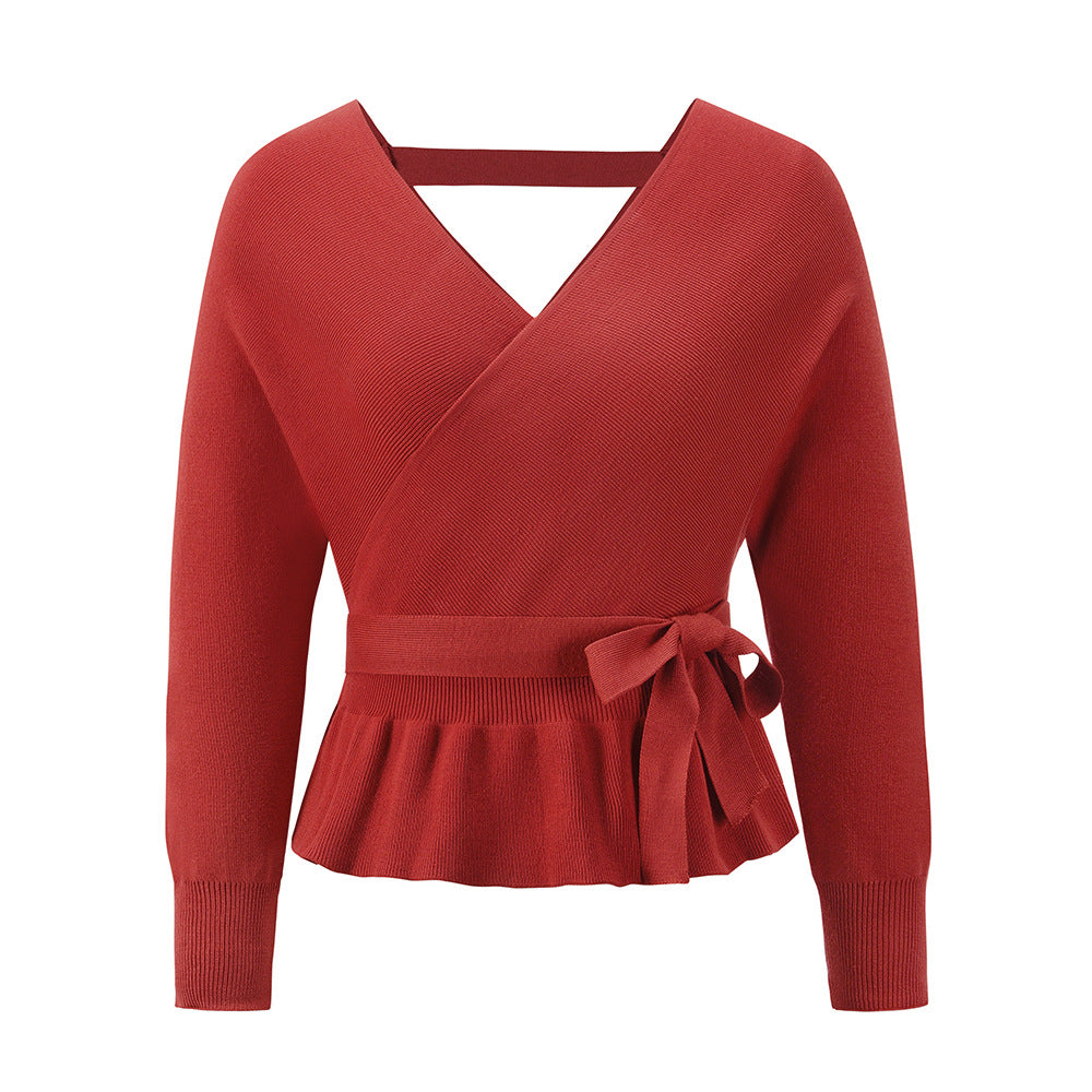 V-neck long-sleeved Backless Ruffled Hem Strappy Waist sweater